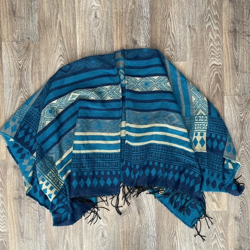 Gold Coast Boho Woven Shawl Wrap Teal Tribal Fringe One Size